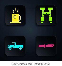 Set Camping knife, Cup of tea with tea bag, Pickup truck and Binoculars. Black square button. Vector