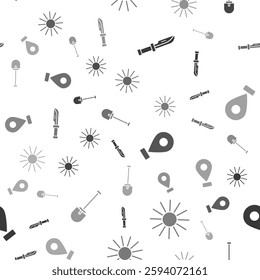Set Camping knife, Sun, Location and Shovel on seamless pattern. Vector