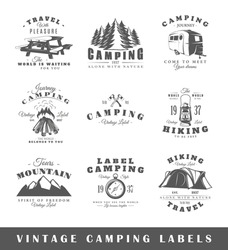 Set Of Camping Labels. Elements For Design On The Camping Theme. Collection Of Camping Symbols. Modern Labels Of Camping. Emblems And Logos Of Camping. Vector Illustration