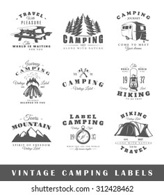 Set of camping labels. Elements for design on the camping theme. Collection of camping symbols. Modern labels of camping. Emblems and logos of camping. Vector illustration