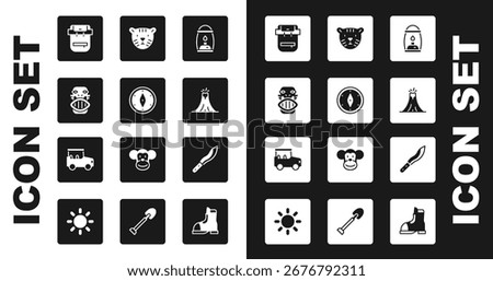 Set Camping lantern, Compass, Mexican mayan or aztec mask, Hiking backpack, Volcano eruption, Tiger head, Machete and Safari car icon. Vector