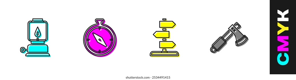 Conjunto de linterna de camping, brújula, señal de tráfico vial e icono de hacha de madera. Vector