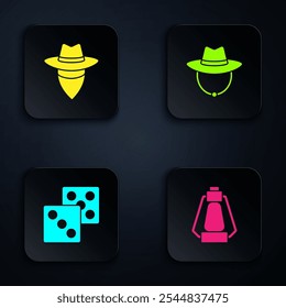 Set Camping lantern, Cowboy, Game dice and Western cowboy hat. Black square button. Vector