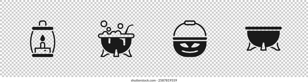 Set Camping lantern, Halloween witch cauldron, Pumpkin basket for sweets and  icon. Vector