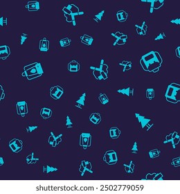 Set Camping lantern, Hiking backpack, Slingshot and Tree on seamless pattern. Vector