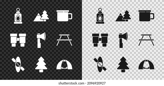 Set Camping lantern, Mountains with tree, metal mug, Kayak or canoe, Forest, Tourist tent, Binoculars and Wooden axe icon. Vector