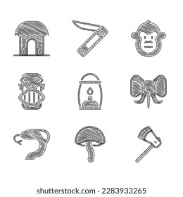 Set Camping lantern, Mushroom, Wooden axe, Elephant, Snake, Mexican mayan or aztec mask, Monkey and African hut icon. Vector