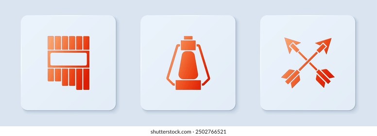 Set Camping lantern, Pan flute and Crossed arrows. White square button. Vector