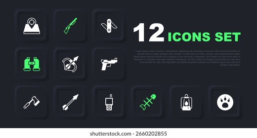 Conjunto de linterna de camping, búsqueda de patas, arco y flecha medieval, peces muertos, binoculares, pistola de caza e icono de walkie talkie. Vector