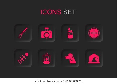 Set Camping lantern, Photo camera, Hunting gun, dog, Sniper optical sight, Tourist tent, Lighter and Dead fish icon. Vector