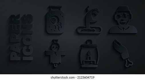 Set Camping lantern, Priest, Scarecrow, Zombie finger, hand and Eye jar icon. Vector