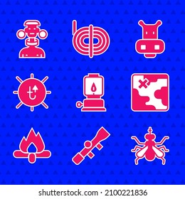 Poner linterna de camping, vista óptica de francotirador, Mosquito, mapa de safari africano, Fogata, Sol, Hippo o Hipopótamo e ícono masculino de la tribu africana. Vector