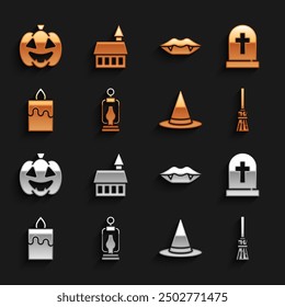 Set Camping lantern, Tombstone with cross, Witches broom, hat, Burning candle, Vampire teeth, Pumpkin and Castle icon. Vector