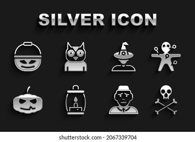 Set Camping lantern, Voodoo doll, Skull on crossbones, Priest, Pumpkin, Witch, basket for sweets and Owl bird icon. Vector