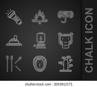 Set Camping lantern, Wild lion, African tree, Monkey, Matches, Hunter hat, Elephant and Flashlight icon. Vector