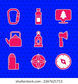 Set Camping lantern, Wind rose, Compass, Wooden axe, Thermos container, Kettle with handle, Location of the forest and Carabiner icon. Vector