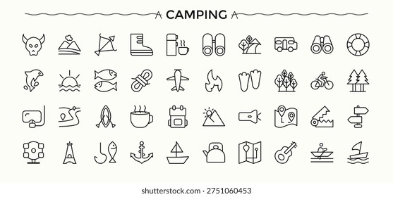 Set of Camping line icon. Contains related to vacation, forest, tour, kayak, hiking, tourism, campfire and more. Minimalist icons pack. Travel icon collection. Editable vector.