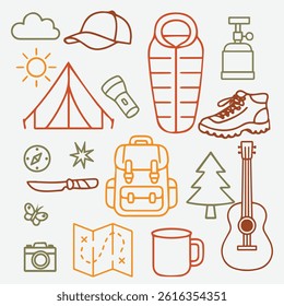Set of camping line icons including tent backpack sleeping bag flashlight hiking boot guitar and more Perfect for outdoor adventure and travel themes. Vector illustration