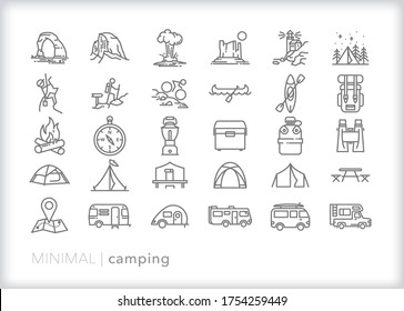 Set of camping line icons for vacationing by ten or RV in the great outdoors