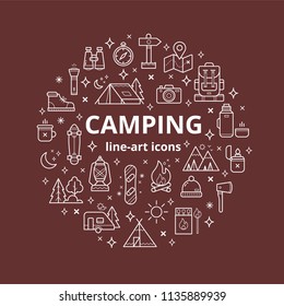 Set of camping line-art icons. Collection of vector flat symbols.