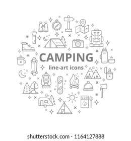 Set of camping line-art icons. Collection of vector flat symbols.