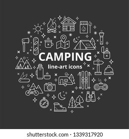 Set of camping line-art icons. Collection of vector flat symbols.