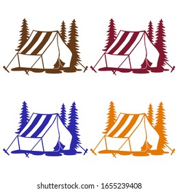 Ein Satz Campinglogo einzeln auf weißem Hintergrund. Konzept für Aktivitäten im Freien, Abenteuer, Wandern und so weiter.