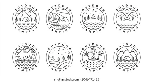 set of camping logo line art simple minimalist vector illustration template icon design. bundle collection of various adventure and wanderlust symbol for activity outdoor camp with circle badge