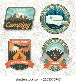 Set of camping Logo Patches. Vector illustration. Concept for shirt or logo, print, stamp or tee. Vintage typography design with compass, camping climber, tent, mountain and forest silhouette.