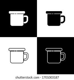 Set Camping metal mug icon isolated on black and white background. Vector Illustration