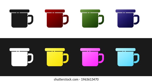 Set Camping metal mug icon isolated on black and white background.  Vector Illustration