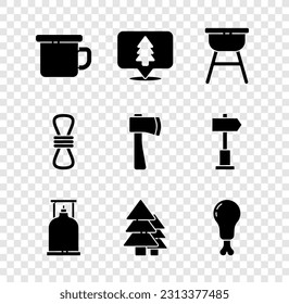 Set Camping metal mug, Location of the forest, Barbecue grill, gas stove, Tree, Chicken leg, Climber rope and Wooden axe icon. Vector