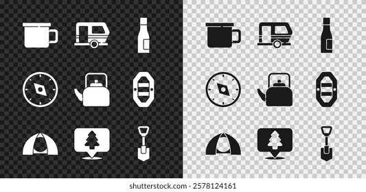 Set Camping metal mug, Rv trailer, Bottle of water, Tourist tent, Location the forest, Shovel, Compass and Kettle with handle icon. Vector