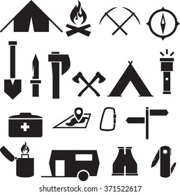 Set Of Camping / Mountain Climbing Elements In Black And White In Simple Style