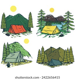 Set of camping in the mountains drawing illustration. Tent in forest illustration with vintage style. Camping logo	