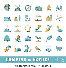 Set of camping and nature icons. Spending time in nature. Picnic, hiking in the wild. Collection of flat line outdoor icons. Vector illustration.