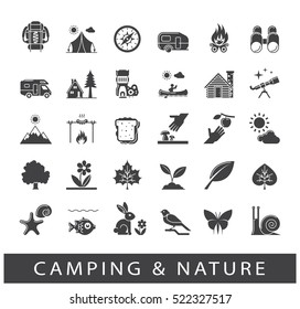 Set of camping and nature icons. Spending time in nature. Picnic, hiking in the wild. Collection of line outdoor icons. 