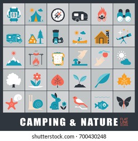 Set of camping and nature icons. Spending time in nature. Picnic, hiking in the wild. 