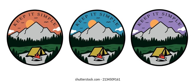 Conjunto de camping, diseño vectorial de logo natural, aventura al aire libre, vector de logo de senderismo. Mantenerlo simple vector de logotipo