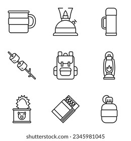 Conjunto de iconos de objeto de acampada. Aventura. Deportes extremos, recreación al aire libre, aventura en las montañas, vacaciones. Ilustración del vector
