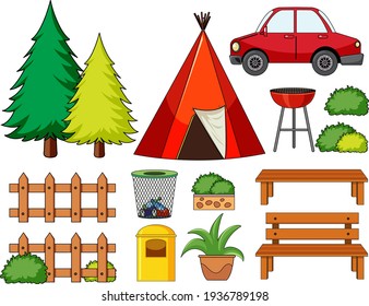 Conjunto de objetos de acampada ilustración aislada