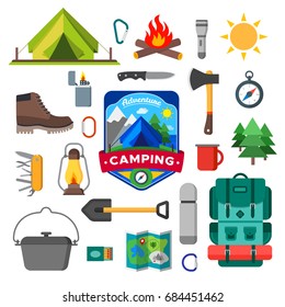 Set of camping outdoor activity icons. Tourist camp equipment collection. Isolated vector illustration