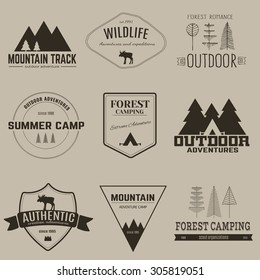 Set of camping and outdoor adventure logos, badges, emblems, labels and design elements. Hiking and outdoor activities. Mountain and Forest camping.  Elk, Pine, Trees, Mountain, Tent. Isolated.