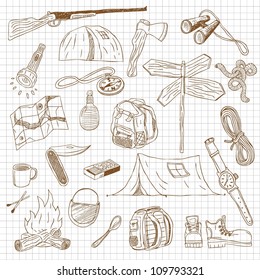 Set Of Camping And Outdoor Equipment - Sketch Style