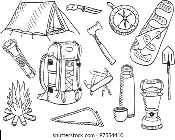 Set Of Camping And Outdoor Equipment - Sketch Style