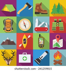 Set of camping outdoor icons in flat design with long shadows