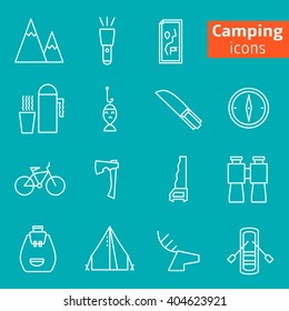 Set of camping and outdoor icons. Line style. Vector illustration. EPS8