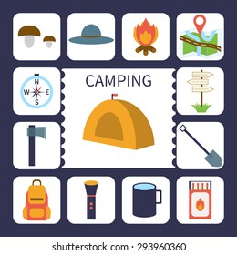 Set of camping and outdoor symbols and icons.  Colorful camping icons.