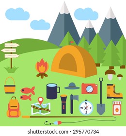 Set of camping and outdoor symbols and icons.  Colorful camping icons.