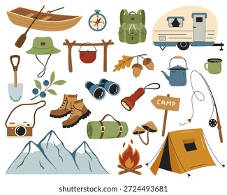 Set of camping and outdoor travel elements. Flat vector illustration isolated on white background. Design elements for tourism, hiking and camping projects.
